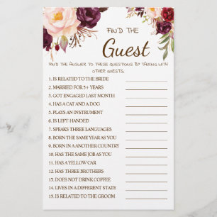 Find the Guest Marsala Bridal Shower Game Card Flyer