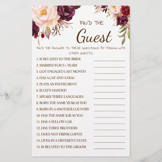 Find the Guest Marsala Bridal Shower Game Card Flyer (Front)