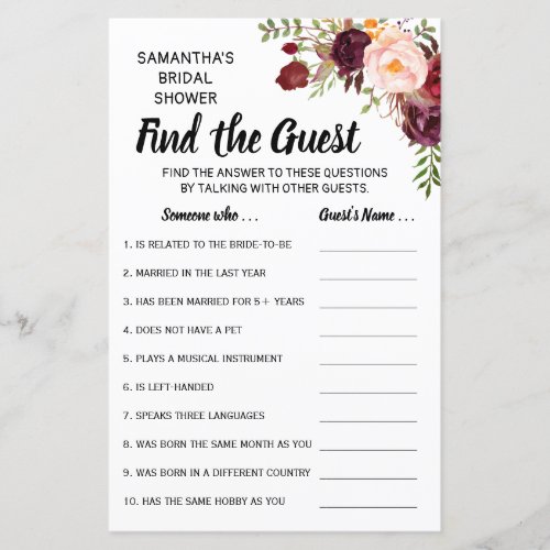 Find the Guest Marsala Flowers Bridal Shower Game