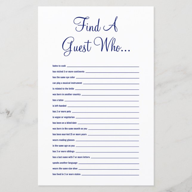 Find The Guest Navy Blue Bridal Shower Game (Front)