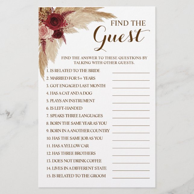 Find the Guest Pampas Bridal Shower Game Card Flyer (Front)