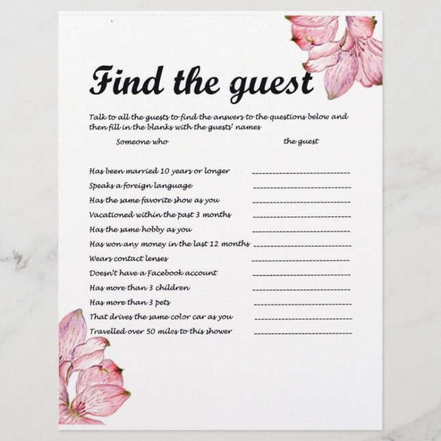 FIND THE GUEST PARTY GAME LETTERHEAD (Front)