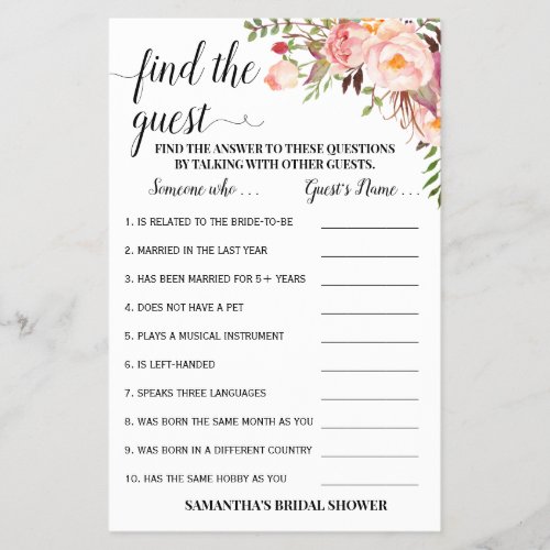 Find the Guest Pink Bridal Shower Game Card Flyer