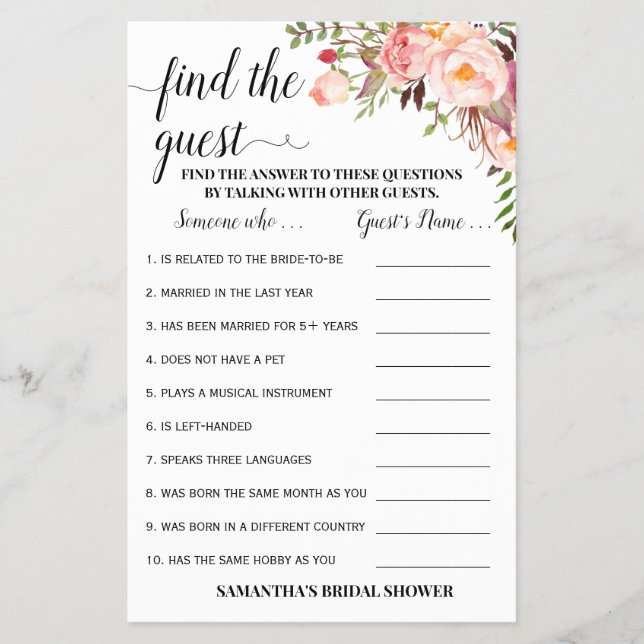 Find the Guest Pink Bridal Shower Game Card Flyer (Front)