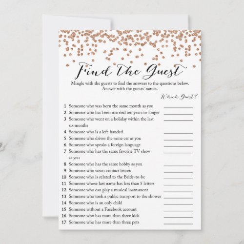 Find the Guest Rose Gold Bridal Shower Game 5x7 Invitation