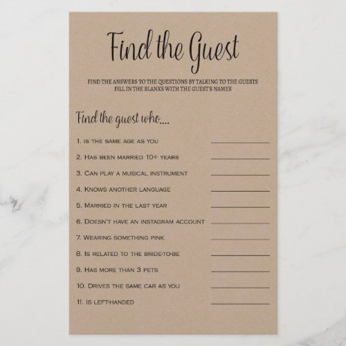 Find the Guest Rustic Kraft Bridal Shower Game