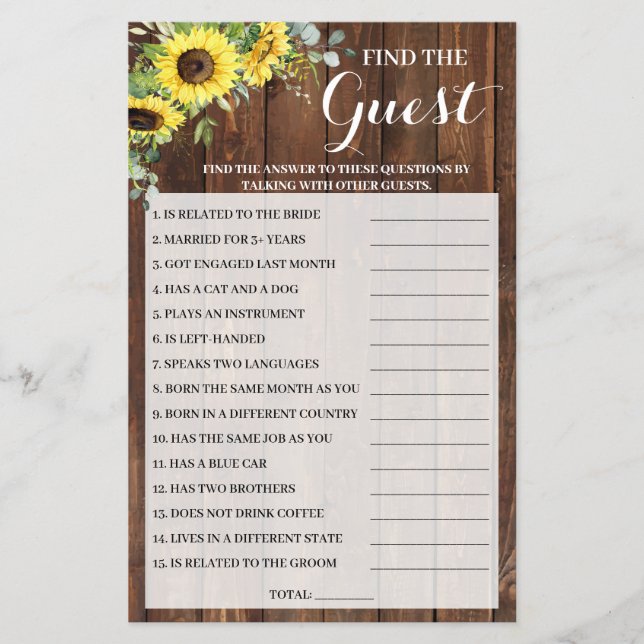 Find the Guest Sunflowers Bridal Shower Game Card Flyer (Front)