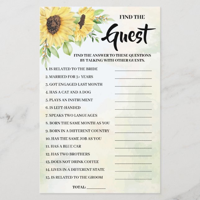 Find the Guest Sunflowers Bridal Shower Game Card Flyer (Front)