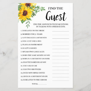 Find the Guest Sunflowers Bridal Shower Game Card Flyer