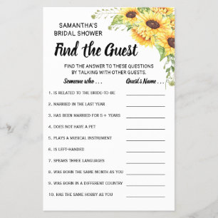 Find the Guest Sunflowers Bridal Shower game card Flyer