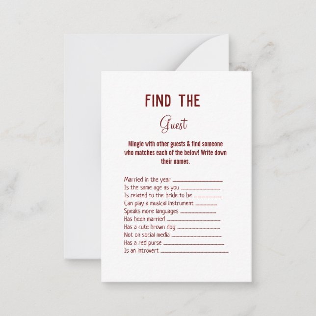 find the guest wedding bridal shower game note card (Front)