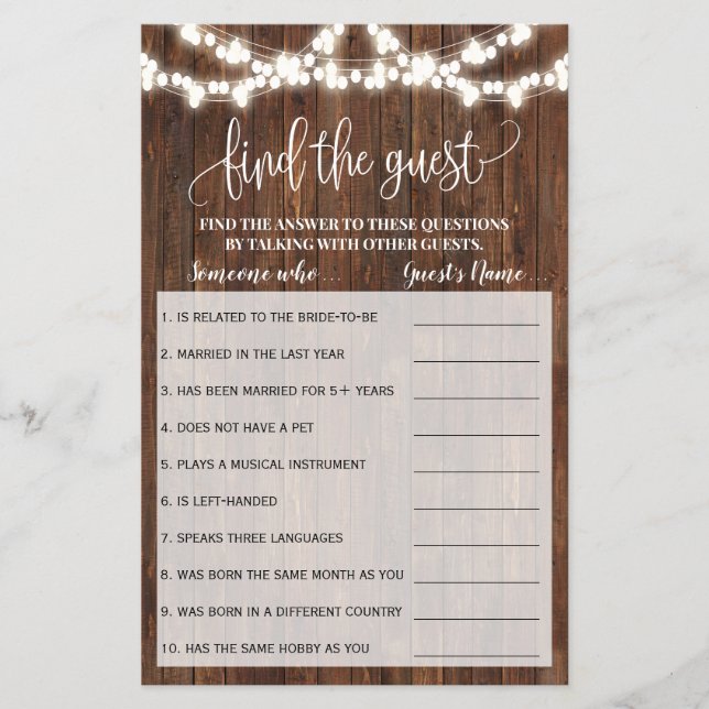 Find the Guest Western Bridal Shower Game Card Flyer (Front)