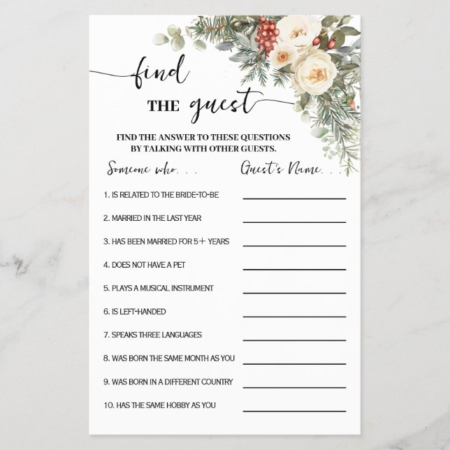 Find the Guest Winter Bridal Shower Game Card Flyer (Front)