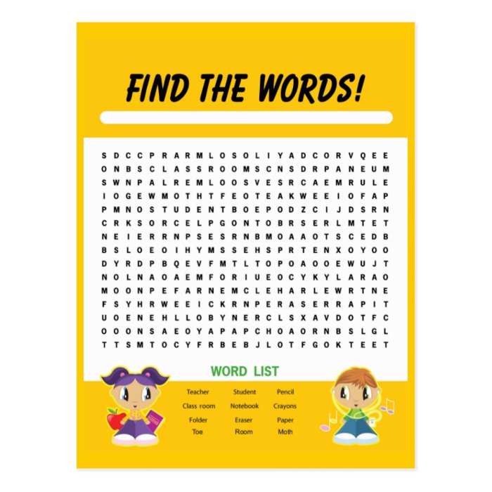 Find the Words, Word Search Activity Card Postcards