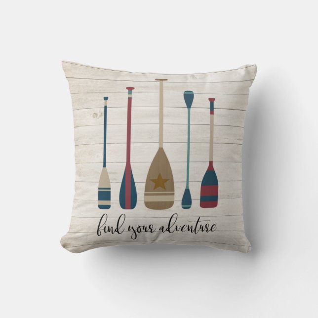 Find Your Adventure Coastal Beach Lake Oars Throw Pillow (Front)
