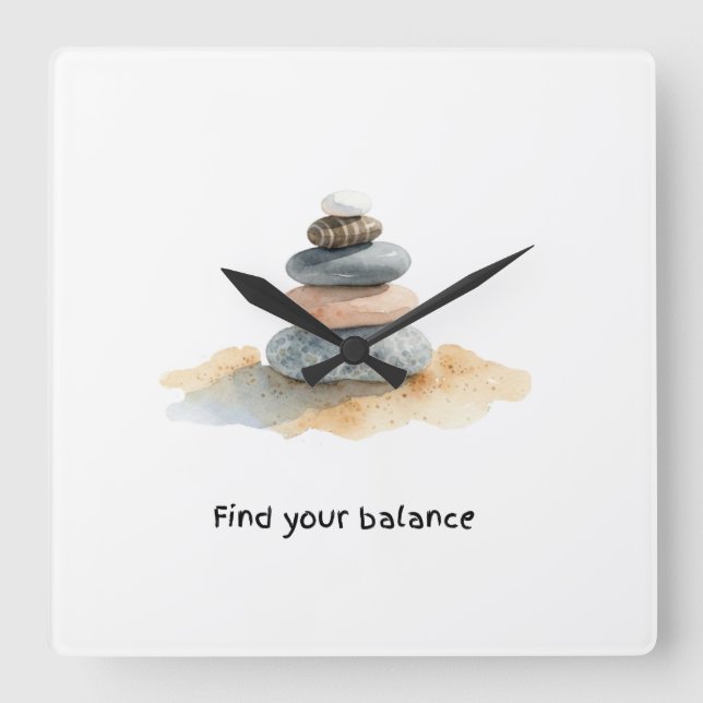 Find Your Balance Watercolour Zen Pebble Stack Square Wall Clock (Front)