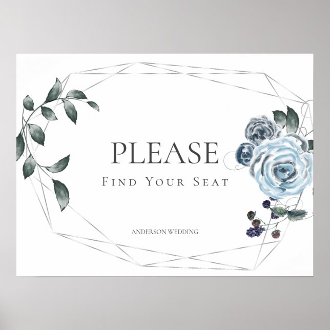 Find Your Seat 2 Dusty Blue Rose Wedding Sign (Front)