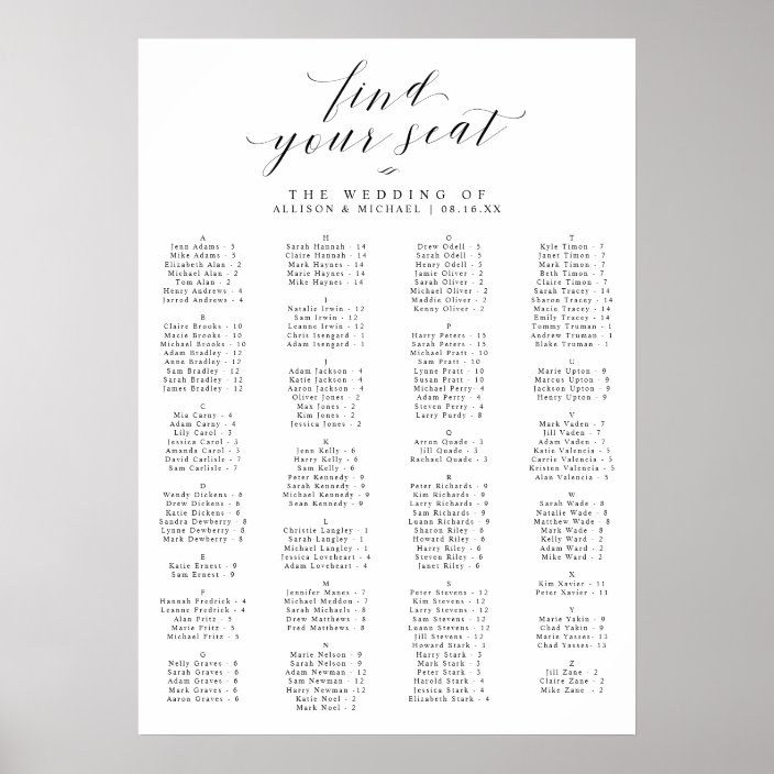 Find Your Seat Alphabetical Wedding Seating Chart Zazzle