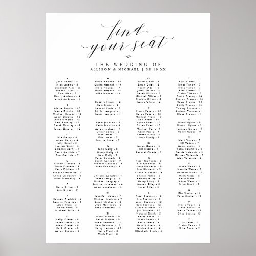 Find Your Seat Alphabetical Wedding Seating Chart