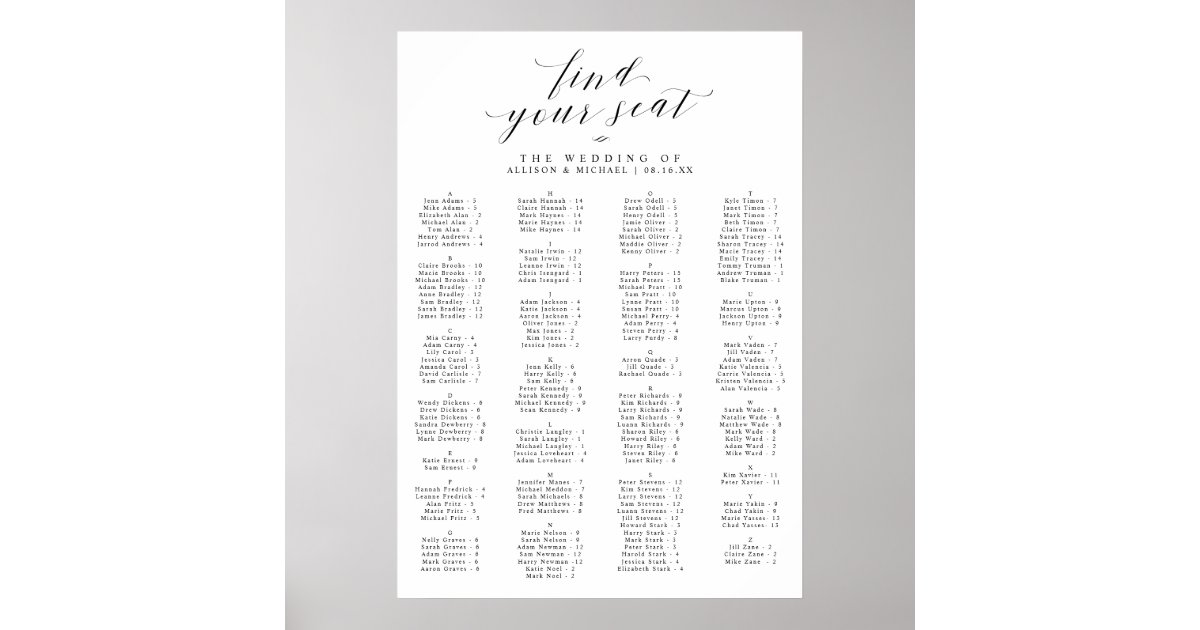 Find Your Seat Alphabetical Wedding Seating Chart Zazzle