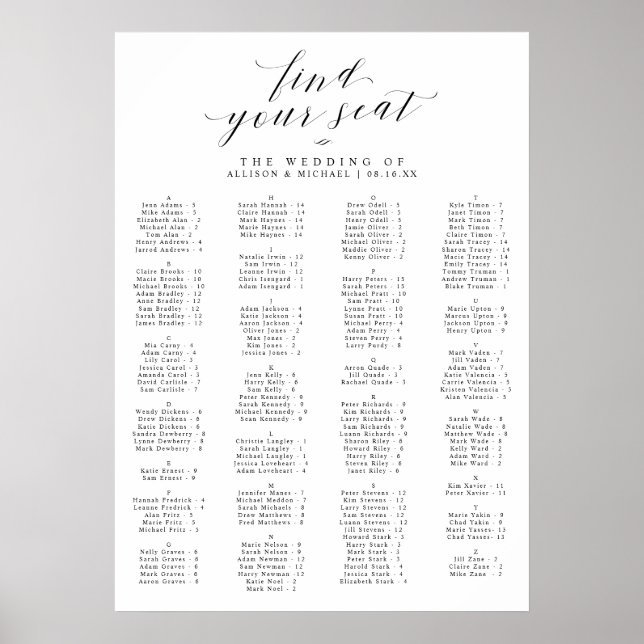 Find Your Seat Alphabetical Wedding Seating Chart (Front)