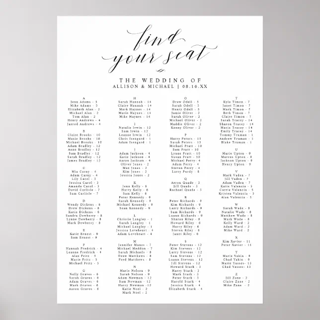 Find Your Seat Alphabetical Wedding Seating Chart | Zazzle