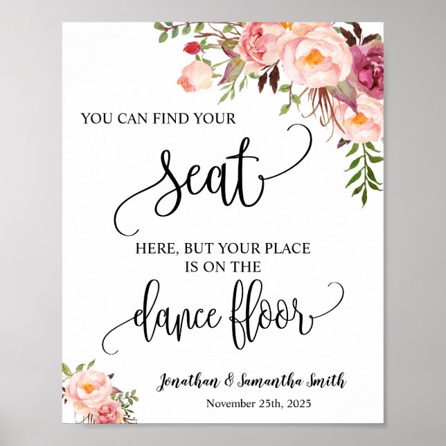 Find your seat sign wedding reception pink floral (Front)