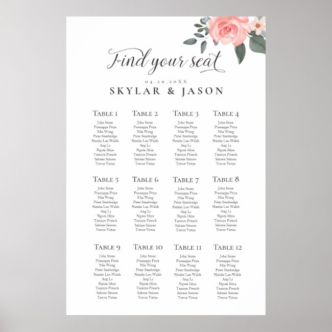 Find Your Seat Watercolor Floral Rose & Foliage Poster