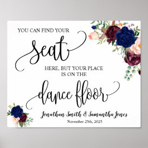 Find your seat wedding reception navy burgundy poster