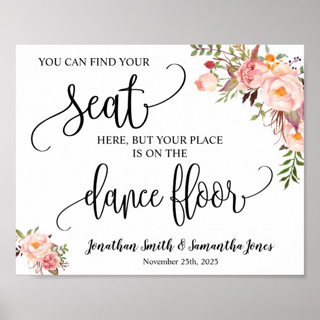 Find your seat wedding reception pink floral sign (Front)