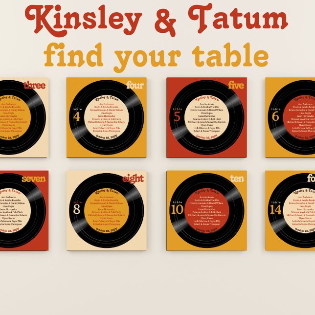 Find Your Table Groovy Red Orange Wall Decal (Personalized "Find Your Table" wall decal coordinates with our vinyl record foam board seating signs)