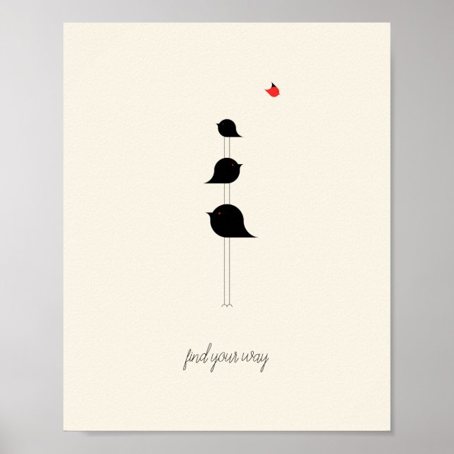 Find Your Way Cute Birds Black Red Drawing Poster (Front)