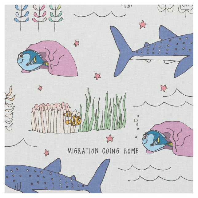 Finding Dory Blue Cartoon Pattern Fabric (Close Up)