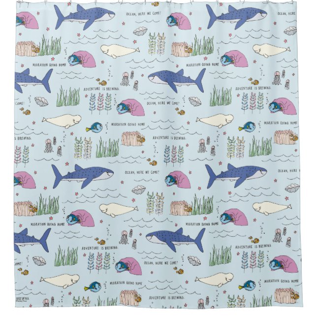 Finding Dory Blue Cartoon Pattern Shower Curtain (Front)