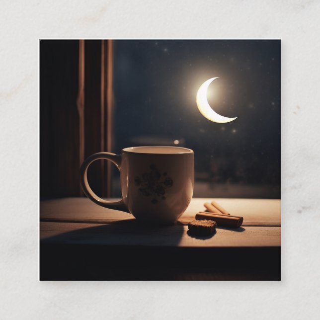 Finding winter tranquility with coffee and moon. square business card (Front)