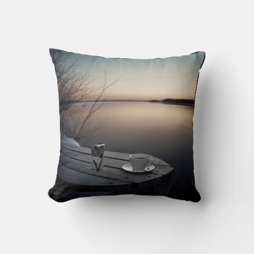 Finding winter tranquility with coffee and moon throw pillow