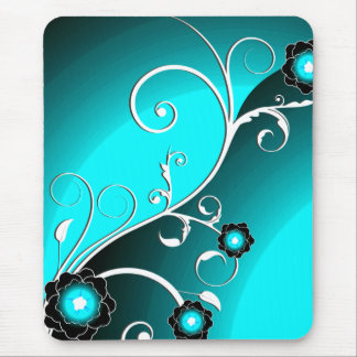 Fine Aqua Silver Cute Girly Retro Floral Mouse Pad