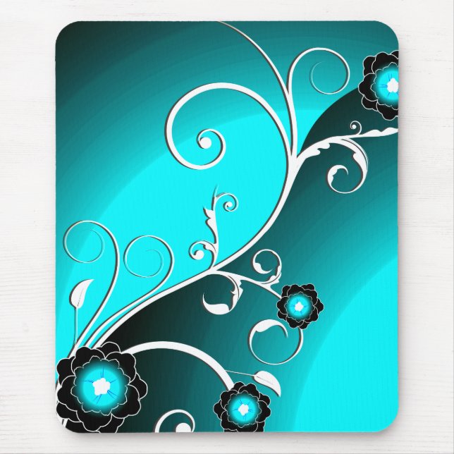 Fine Aqua Silver Cute Girly Retro Floral Mouse Pad (Front)