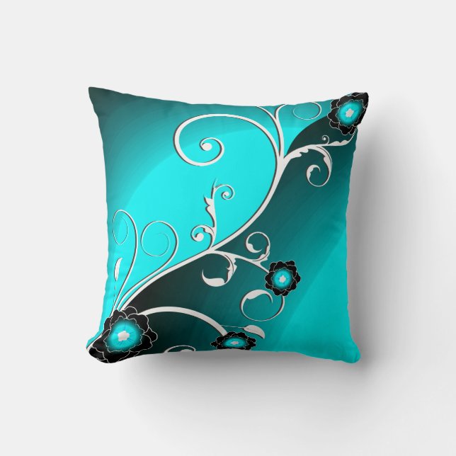 Fine Aqua Silver Cute Girly Retro Floral Throw Pillow (Front)
