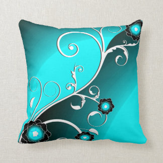 Fine Aqua Silver Cute Girly Retro Floral Throw Pillow