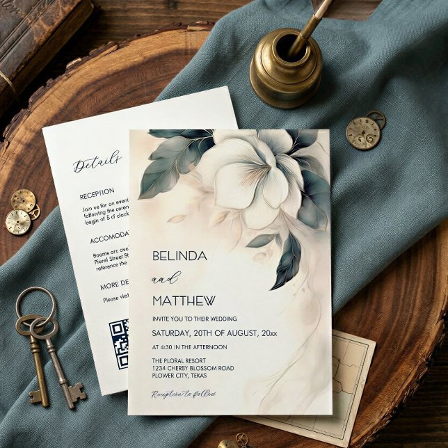 Fine Art 3D Flower Ivory Blue All-In-One Invitation (Creator Uploaded)