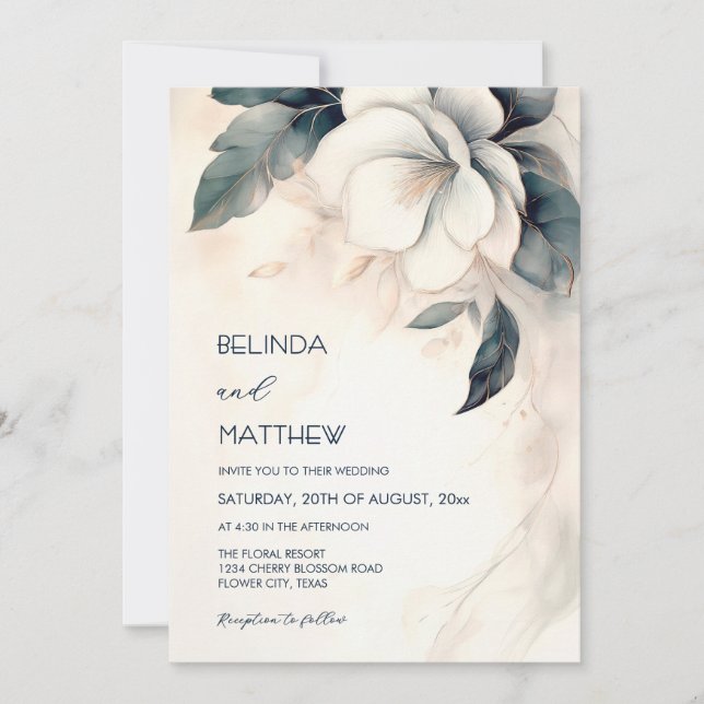 Fine Art 3D Flower Ivory Blue Casual Wedding Invitation (Front)