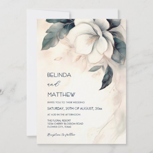 Fine Art 3D Flower Ivory Blue Casual Wedding Invitation