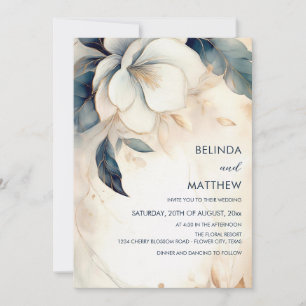Fine Art 3D Flower Ivory Blue Invitation