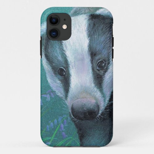 Fine art Badger in the bluebell wood painting iPhone 11 Case