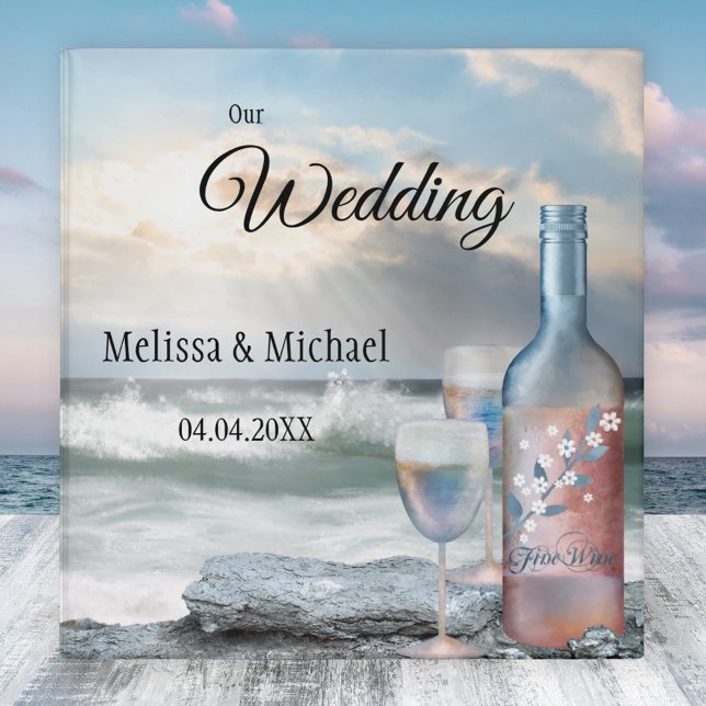 Fine Art Beach and Wine Ocean Wedding Binder (Artistic wedding binder featuring an original painting of a wine bottle with glasses at the beach)