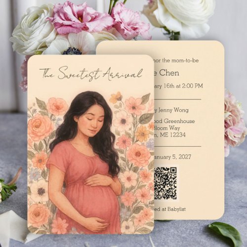 Fine Art Beige Floral Asian Baby Shower QR Code Invitation