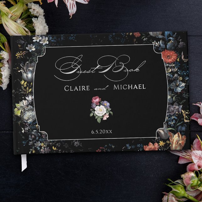 Fine Art Black Floral Calligraphy Foil Guest Book (Creator Uploaded)