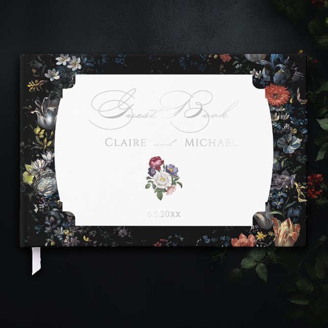 Fine Art Black Floral Calligraphy Foil Guest Book (Creator Uploaded)