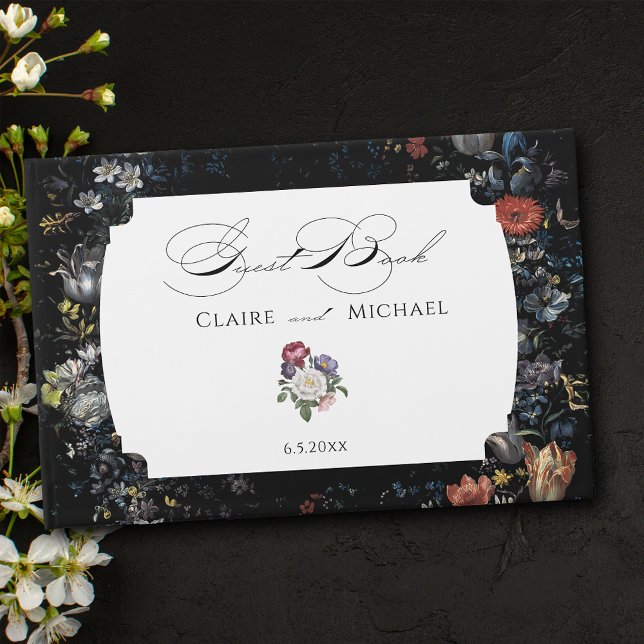 Fine Art Black Floral Calligraphy Guest Book (Creator Uploaded)